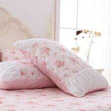 Romantic Roses Print Duvet Cover Set With Bed Skirt Pink Lace Ruffle Floral Shabby Chic King 4 Piece Bedding Set - 粉色 - 查看 9