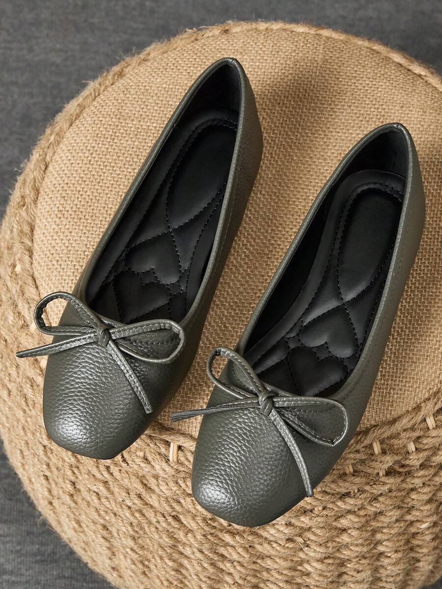 MonaNise Women's Fashion Square Toe Low Vamp Apricot Bow Flat Shoes, Black & White Outdoor Casual High-End Khaki Versatile Flats