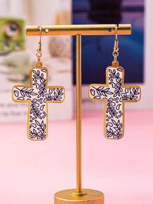 1 Đôi bông tai dài in hình bướm Acrylic thời trang, thiết kế dễ thương để đeo hàng ngày - chữ thập xanh và trắng - Xem 4
