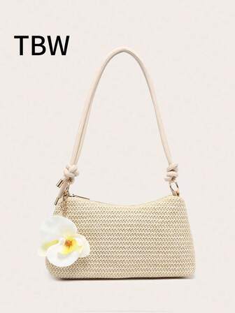 Damen Unterarm Schultertasche, quadratische Form, PU Baumwollseil Blumenanhänger, große Kapazität, leicht, lässiger modischer Strandurlaubs-Stil, geeignet für Einkaufen und Urlaub