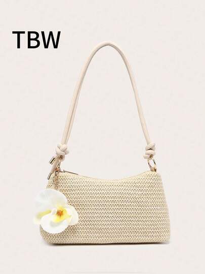 Women's Underarm Shoulder Bag, Square Shape, PU Cotton Rope Flower Pendant, Large Capacity, Lightweight, Casual Fashionable Beach Vacation Style, Suitable For Shopping And Vacation
