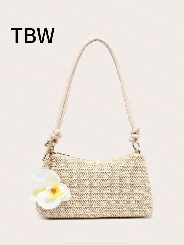 Women's Single Shoulder Underarm Bag, Square Bag, PU Cotton Rope Flower Pendant, Large Capacity, Lightweight, Lazy And Fashionable Beach Vacation Style, Suitable For Shopping And Vacation.