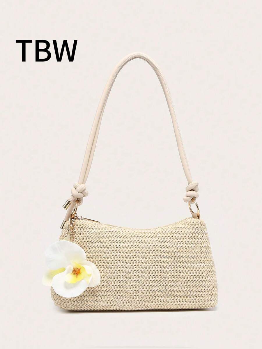 Women's Single Shoulder Underarm Bag, Square Bag, PU Cotton Rope Flower Pendant, Large Capacity, Lightweight, Lazy And Fashionable Beach Vacation Style, Suitable For Shopping And Vacation.