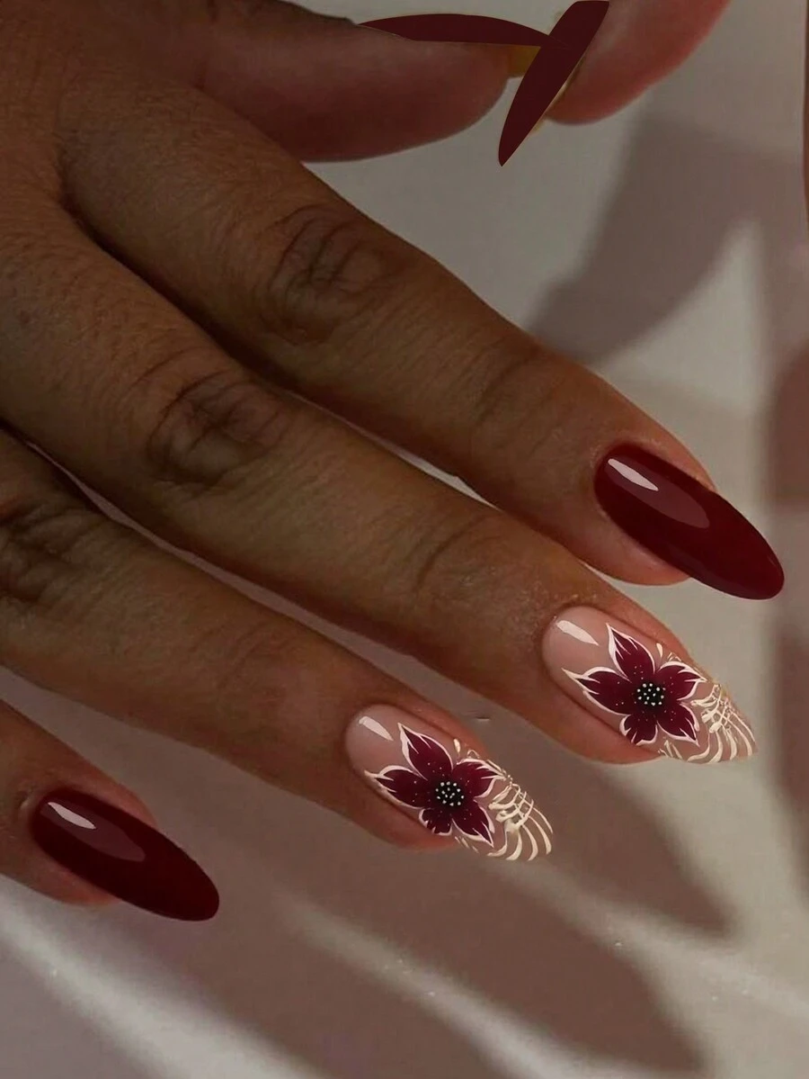 Instantly Upgrade Your Look With 24pcs Press On Nails Short Square Elegant Flowers With White Lines And Red Nails Acrylic Press On Nails Full Coverage Fake Nails For Women And Girls Fall Press On Nails Includes 1sheet Adhesive Tabs & 1pc Mini Files Suitable For Party Date And Office Daily Wear False Nails Jelly Glue Is Randomly Shipped