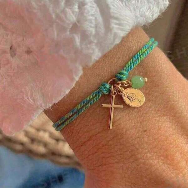 Pulseira de corda ajustável de bronze com meia pedra e cruz boêmia, 1 peça, para mulheres e casais - empilhável, presente para ela, joia cristã