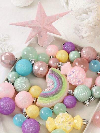40 Peças Enfeites de Natal Resistentes a Quebras Arco-Íris, Enfeites de Árvore de Natal em Tons Pastel para Árvore, Casa, Feriado Candyland, Decoração de Centro de Mesa, Guirlanda, Decoração de Quarto, Decoração Doméstica, Decoração de Quarto, Decoração de Natal, Decoração de Natal em Casa, Decoração de Aniversário