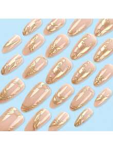 1 Box Of 24 Pieces / Simple Manicure False Nails Gold Paste 3D Wearable Nail Pieces Short Almond-Shaped Wearable Nail Stickers Wedding Party Holiday Gifts - Gold - View 7
