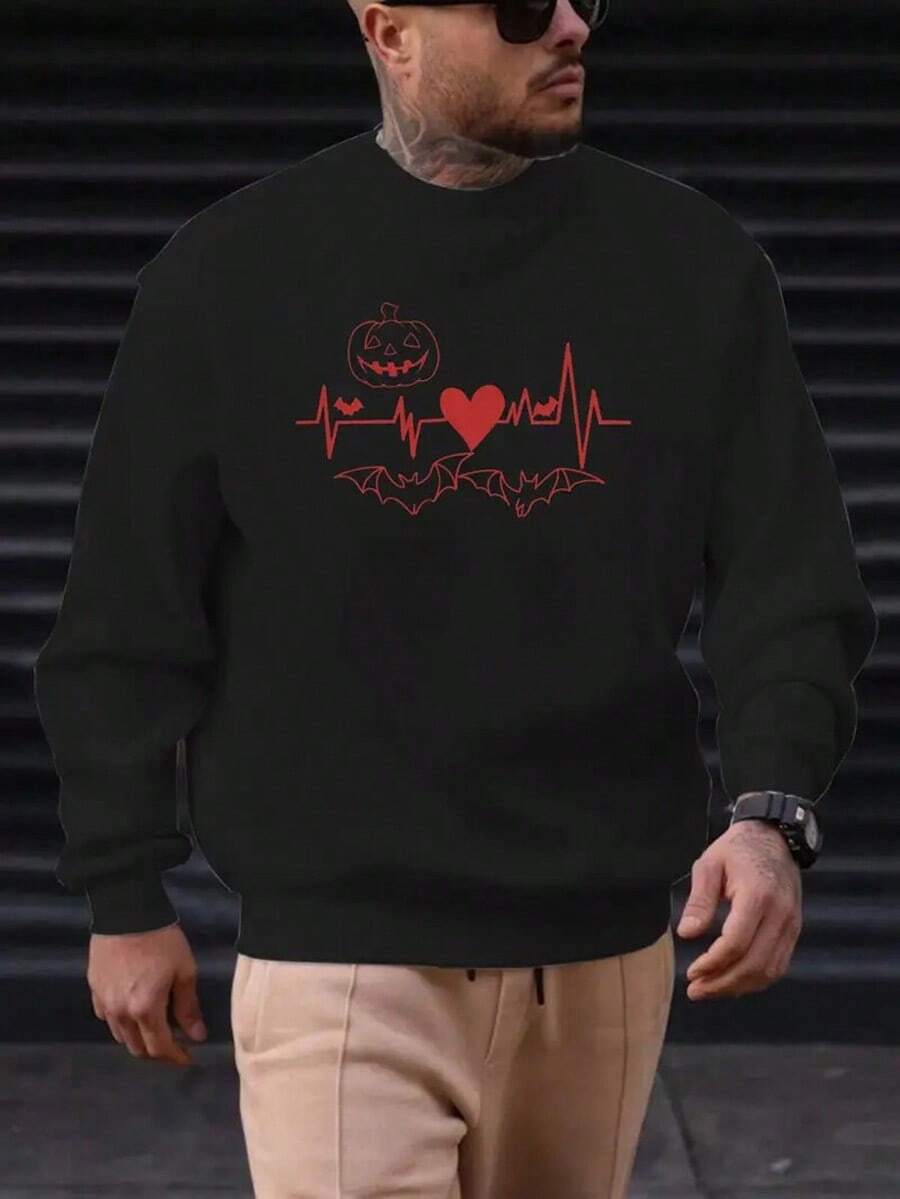 Men's Halloween Heartbeat Graphic Sweatshirt - Spooky Pumpkin & Bat Design, Brown Casual Pullover, Soft Polyester Fabric, Machine Washable, Round Neck, Perfect For Fall & Winter,Fall Hoodies,Men's Fall Clothes,Street Wear,Halloween,Mens Hoodies,Y2k Clothes,Jesus Hoodie,Thanksgiving Day,Nightmare Before Christmas,Christmas - 黑色 - 查看 1