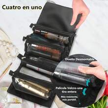Bolsa de Maquillaje Plegable de Viaje Enrollable, Bolsa de Cosméticos 4 en 1 Desmontable Multifuncional, Bolsa de Aseo de Viaje Enrollable para Mujer con 4 Bolsas Desmontables de Malla, Colgante - Negro - Ver 4