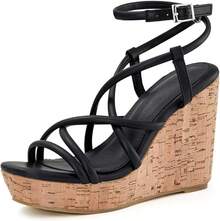 Women Platform Wedge Sandals Cork Slingback Wedges Espadrilles Heels Summer Fashionable Shoewear - Màu đen mát mẻ - Xem 1
