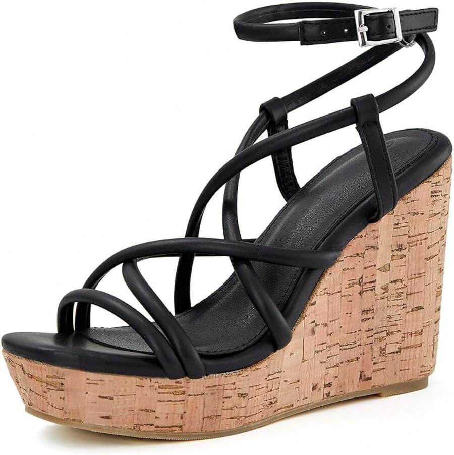 Women Platform Wedge Sandals Cork Slingback Wedges Espadrilles Heels Summer Fashionable Shoewear - Màu đen mát mẻ - Xem 1
