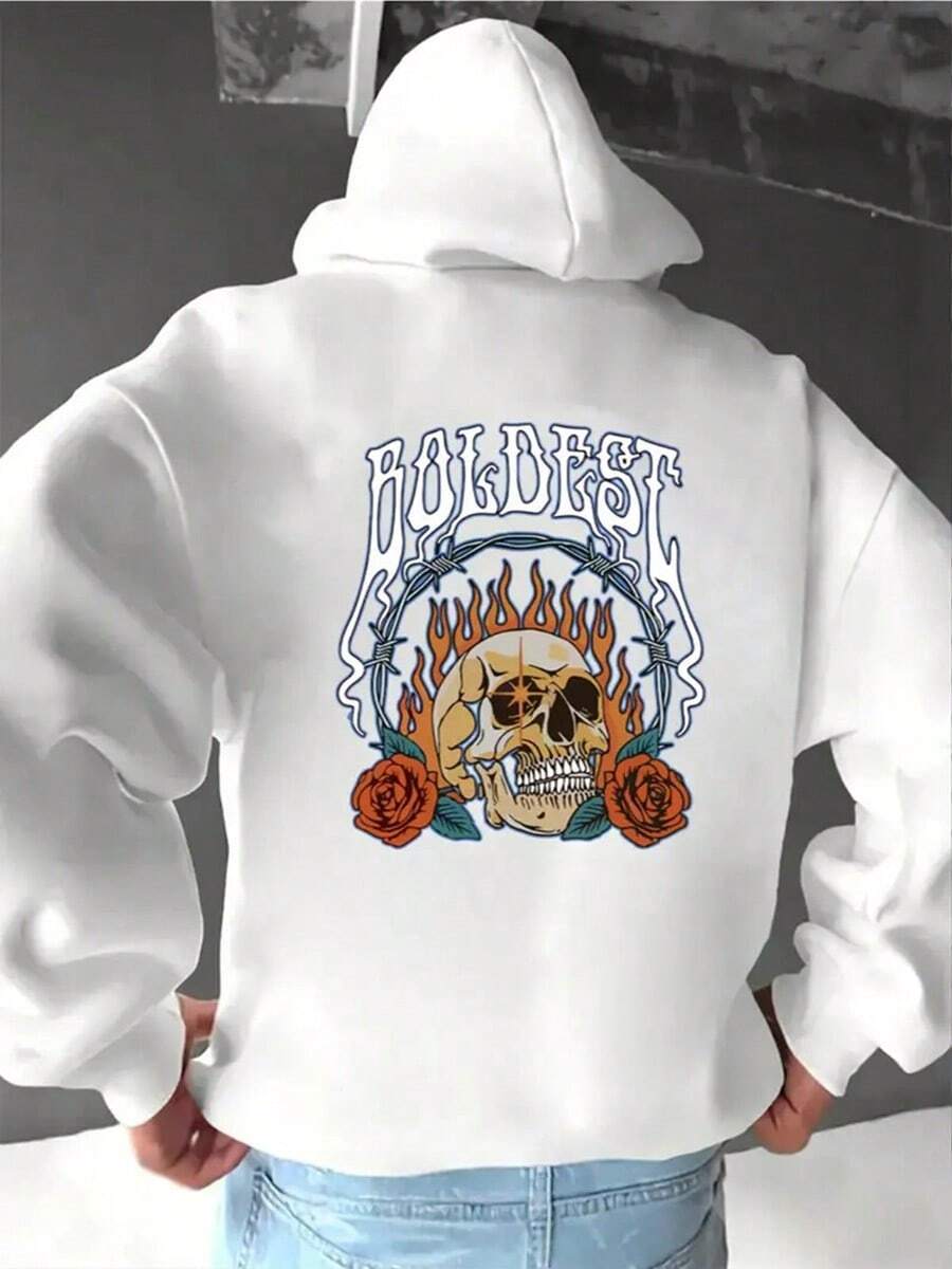 Men'S Large Hooded Sweatshirt - Back Print Pullover Hoodie, White With Bold Graphic, Regular Fit Long Sleeve Casual Streetwear For Everyday & Formal Outfits - Plus Size Friendly, Versatile Clothing,Fall Hoodies,Men's Fall Clothes,Street Wear,Halloween,Mens Hoodies,Y2k Clothes,Jesus Hoodie,Thanksgiving Day,Nightmare Before Christmas,Christmas - 白色 - 查看 1