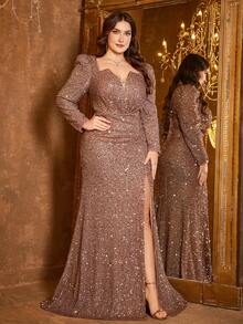 Váy dạ hội dài chấm đất hở lưng cổ chữ V sâu tay công chúa xẻ cao xếp nếp sequin - Cà phê nâu - Xem 3