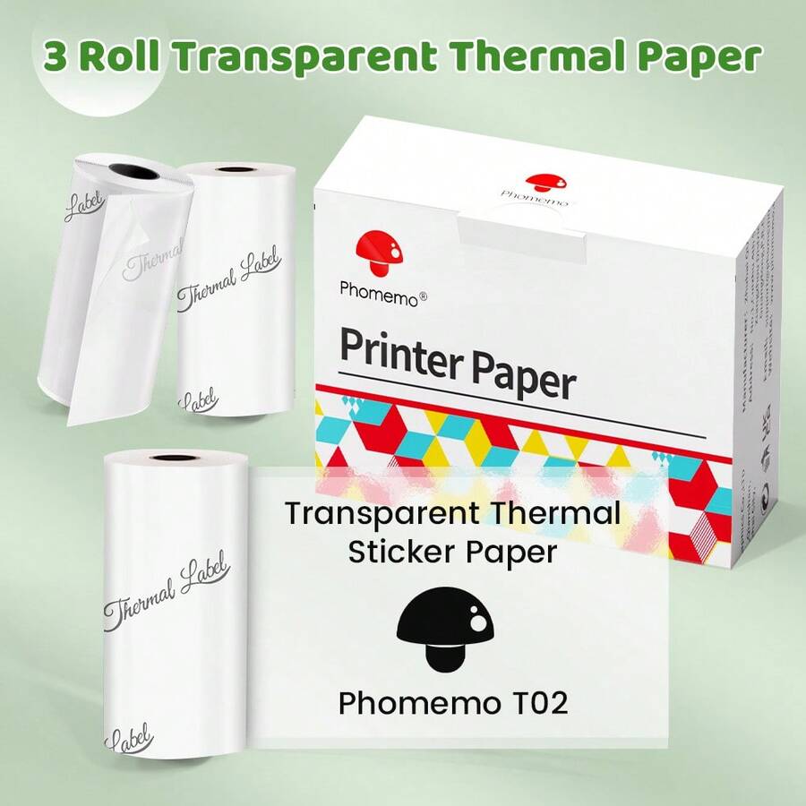 Phomemo Transparent Self-Adhesive Thermal Paper, Glossy Printable Sticker Paper Label For Phomemo T02/M02X/M02L/Y02C/Q02/M02/M02 Pro/M02S/M03/M04S Mini Sticker Printer, 50mm X 3.5m Per Roll, Diameter 28mm, 3-Rolls, The Entire Continuous Paper Per Roll, Image Time 10 Years - 透明色 - 查看 1