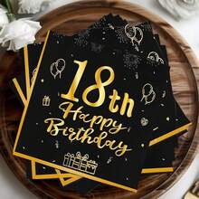 Gold-Stamped 18th Birthday Happy Patterned Tissue Paper. Disposable Printed Table Napkins For Party And Gathering, 20 Pieces.
