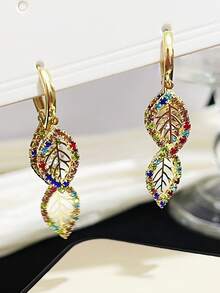 1pair Fashionable Hollow Out Leaf Shaped Earring With Full Rhinestone, Multiple Layers - Yellow Gold - View 4
