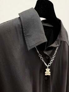 Ladies' Black Bat Sleeve Solid Button-Up Casual Business Casual Shirt, Summer Short-Sleeve Top - Black - View 5