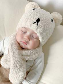 1 件/2 件婴儿可爱熊毛绒加厚保暖护耳针织帽 + 围巾套装，适合秋冬季 - 小熊 - 查看 3