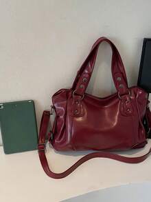 Retro Minimalist Large Capacity Fashion Student/Work Commute Tote Bag - Red - View 4