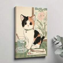 1PC Cute Calico Cat With Collar Sitting On Table With Post Office Next To It.12X16inch And 16x24inch Framed , Classic Wooden Frame, Suitable For Living Room, Bedroom, Bathroom And Other Decorations, Perfect Gifts For Christmas, Halloween And Thanksgiving - 白色 - 查看 2