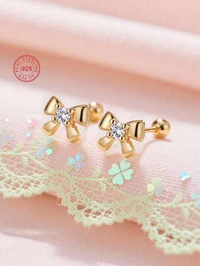 1 Pair 925 Sterling Silver Hypoallergenic Bow Knot Stud Earrings, Adorable & Cute With Sparkling Cubic Zirconia, Spiral Ear Backs For Secure Wear, Elegant Gift Box, Suitable For Daily Wear Or Holidays, Gift For Girls, Friends, Back To School, Christmas