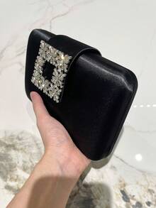 1pc Black Elegant Crystal Decor Small Clutch Bag, Open Top Magnetic Closure Metal Chain Strap, Fashion Classy Handbag Suitable For Evening Formal Occasions, Parties, Weddings, Gifts For Women