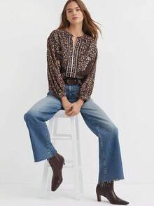 女式花卉印花主教袖衬衫，梭织面料，优雅上衣，荷叶边细节，常规长度 - 咖啡棕 - 查看 2