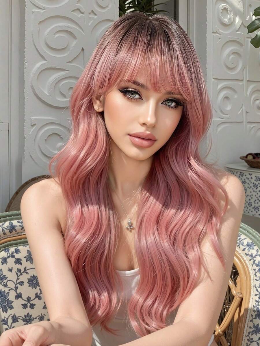 24 Inch Long Wavy Wigs With Bangs Dark Roots Brown Wigs For Women Brown Ombre Hair With Blonde Wigs,Heat-Resistant Synthetic Wigs For Daily Party Cosplay Wigs - Pink Ombre - View 1