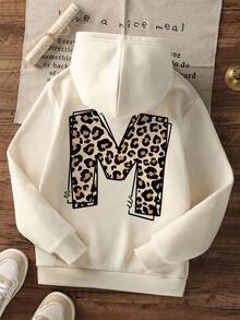 1件少女休闲印花套头卫衣，保暖内衬，长袖，秋冬季学生青少年服装 - 杏色 - 查看 3