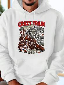Crazy Train01 Print Hoodie - Long Sleeve, Knit Fabric, Relaxed Fit, Full Size, Fashionable Graphic Print, Perfect For Casual Outings And Daily Wear, Black White Red Grey Navy,Fall Hoodies,Men's Fall Clothes,Street Wear,Halloween,Mens Hoodies,Y2k Clothes,Jesus Hoodie,Thanksgiving Day,Nightmare Before Christmas,Christmas - 白色 - 查看 1