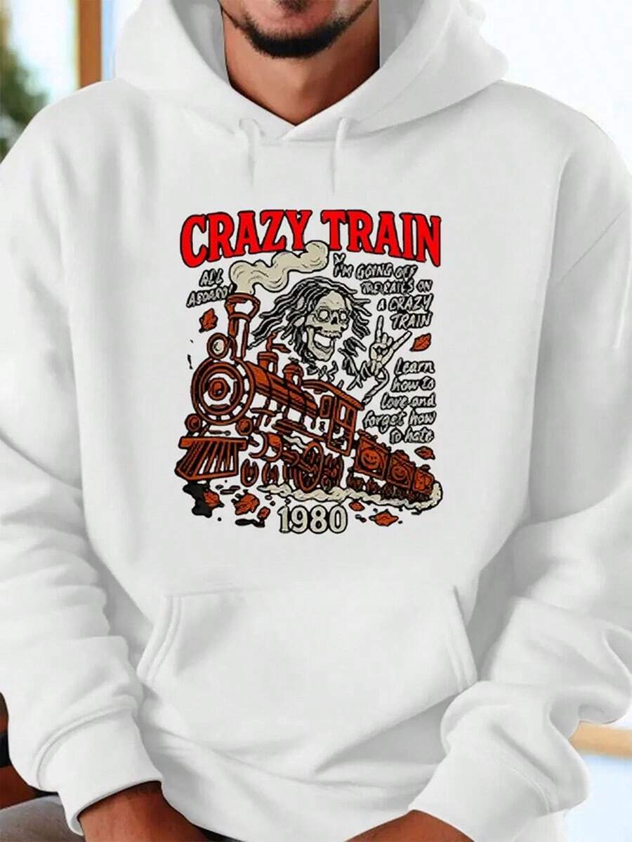 Crazy Train01 Print Hoodie - Long Sleeve, Knit Fabric, Relaxed Fit, Full Size, Fashionable Graphic Print, Perfect For Casual Outings And Daily Wear, Black White Red Grey Navy,Fall Hoodies,Men's Fall Clothes,Street Wear,Halloween,Mens Hoodies,Y2k Clothes,Jesus Hoodie,Thanksgiving Day,Nightmare Before Christmas,Christmas - 白色 - 查看 1