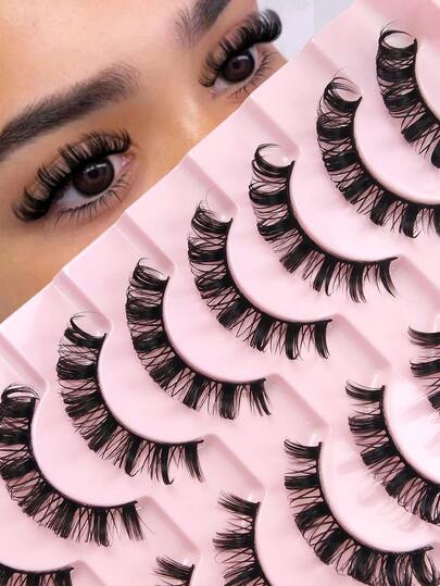 10 par rzęs D Curl Volume, delikatne naturalne sztuczne rzęsy z norek, dramatyczne miękkie rzęsy, krzyżowe, delikatne, wielokrotnego użytku, puszyste, rosyjskie rzęsy w paskach, wydłużające i nadające objętości zewnętrznemu kącikowi oka. Piękny makijaż na co dzień, na imprezę, randkę, ślub.