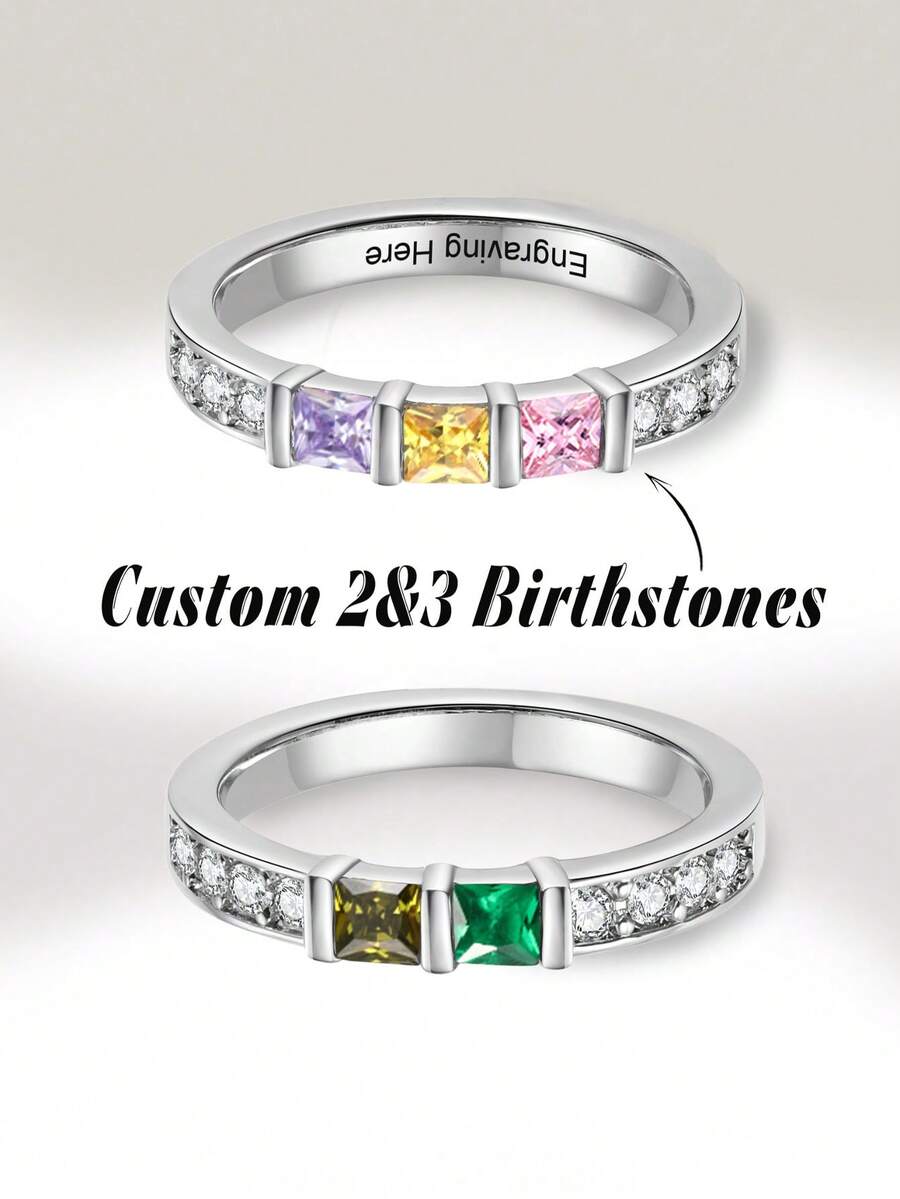 1pc Personalized Birthstone Ring, Custom Ring, Gemstone Ring, Gift For Her, Birthstone Jewelry, Birthday Gift, Mother's Day Gift - Silver - View 1