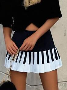 Women Piano Mini Skirts Y2k Harajuku Dark Coquette Aesthetic Grunge Black White Spliced Short Skirt - 黑色 - 查看 3