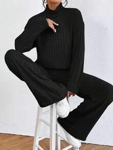Solid Ribbed Two-Piece Set, Casual Mock Neck T-Shirt & Wide Leg Pants Outfits, Women's Clothing - 黑色 - 查看 3