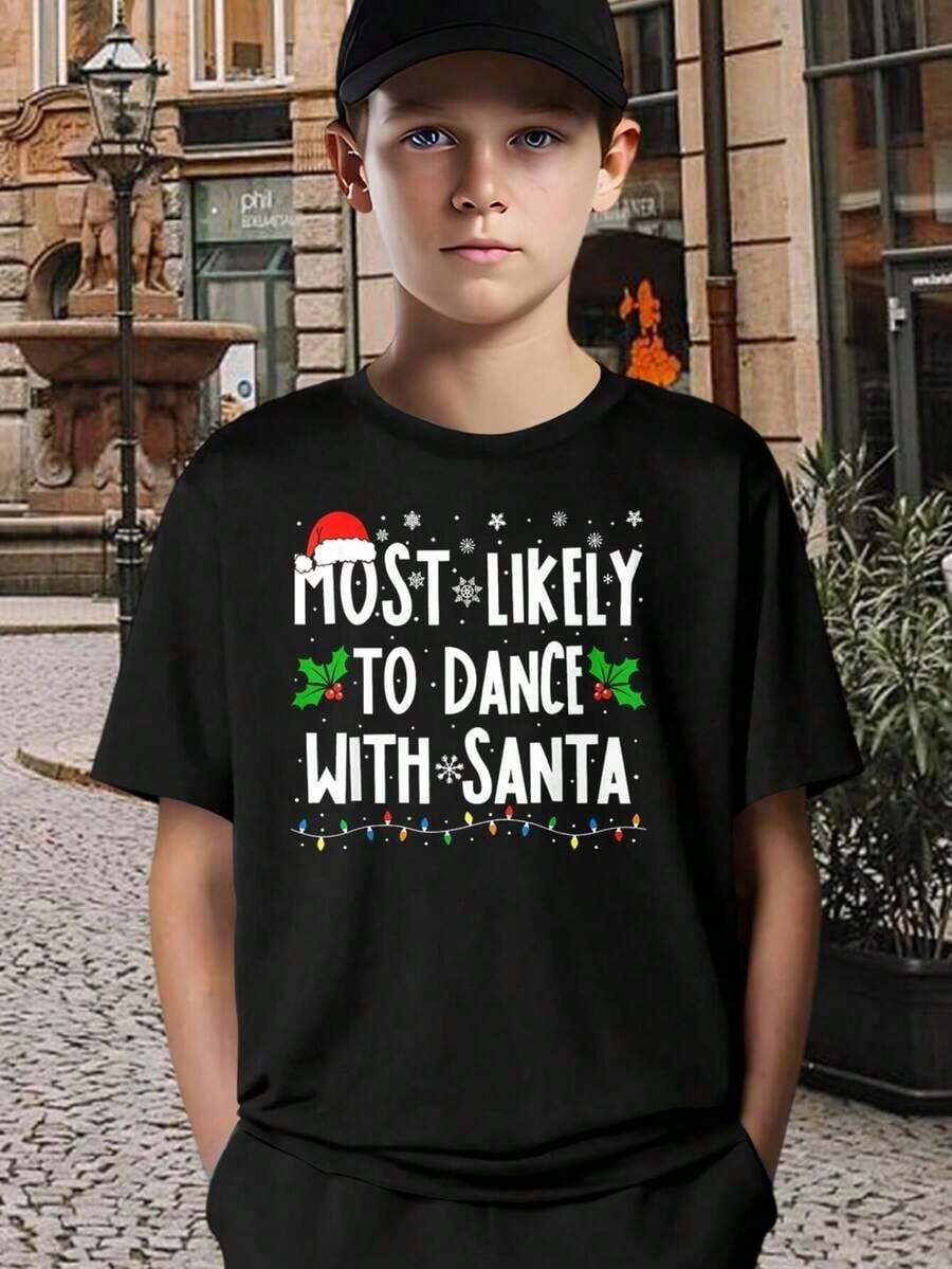 Kids Christmas T-Shirt - Most Likely To Dance With Santa Tee Holiday Party Outfit Cute Xmas Gift Festive Apparel For Boys Girls - Black - View 1