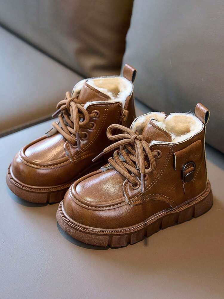 1 Pair Unisex Thick Sole Solid Color Boots, Wear-Resistant Anti-Slip Infant Ankle Boots, British Style Thermal Lined Warm Children Outdoor Leather Boots, Suitable For Autumn/Winter - Brown - View 3