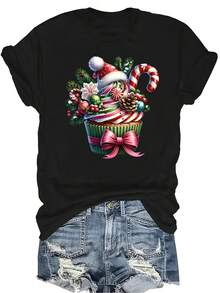 [Camiseta de Moda Casual] Camiseta suave y cómoda para mujer - Delicia de Magdalena Navideña Casual de manga corta y cuello redondo, regalo perfecto para la abuela y la mamá, uso casual de primavera y verano - Negro - Ver 1