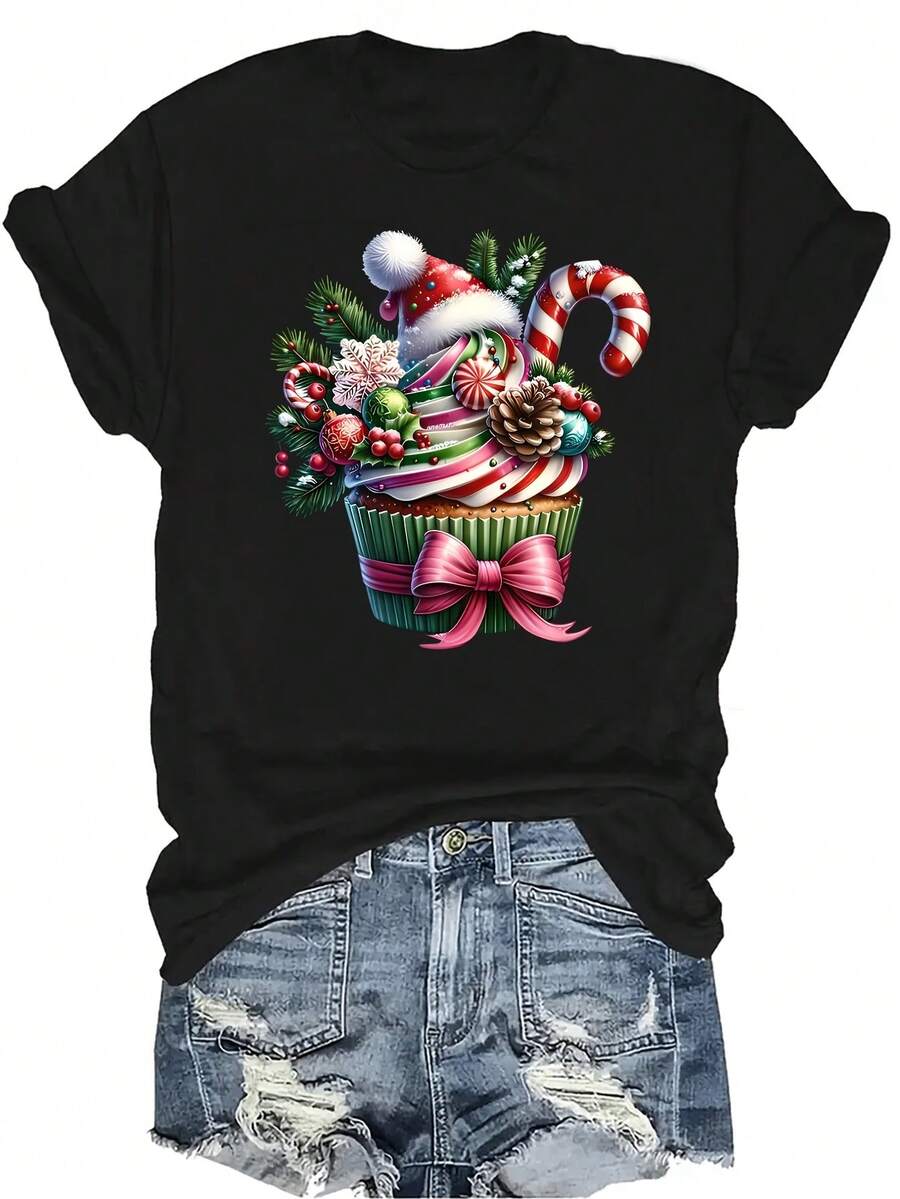 [Camiseta de Moda Casual] Camiseta suave y cómoda para mujer - Delicia de Magdalena Navideña Casual de manga corta y cuello redondo, regalo perfecto para la abuela y la mamá, uso casual de primavera y verano - Negro - Ver 1