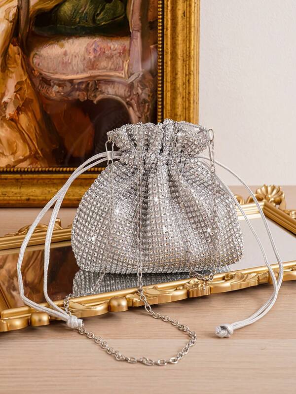 Fashion Influencer Style Drawstring Shoulder Chain Bag, Mini Evening Clutch Bag For Party Dress, Lipstick Pouch, Coin Purse, Versatile Women Handbag