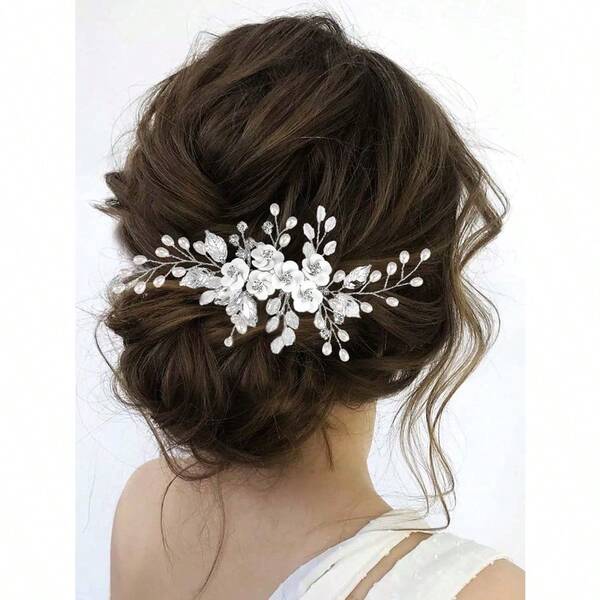 LDIHO  Silver Flower Wedding Hair Comb Pearl Bridal Hair Piece Leaf Hair Accessories For Women And Bride Silver  Christmas