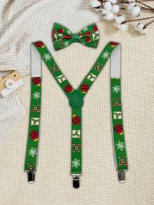 1set Men's Christmas Suspender & Bow Tie Set, Santa Ball, Reindeer, Candy Print Suspender & Bow Tie Set - Multicolor - View 3