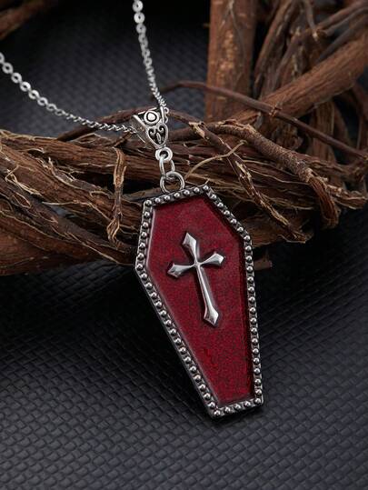 1 pezzo Collana con ciondolo a forma di bara da vampiro, gioiello gotico, pagano, alternativo, da strega, croce e bara, collana choker per donne e uomini, accessori gotici per Ognissanti, gioielli di estetica indie