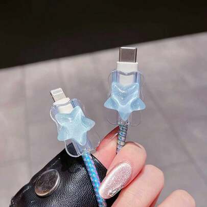 2pcs 3d Blue Star Pattern Data Cable Protector Charger Protector