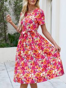 Women's Elegant Floral Print Midi Dress, Short Sleeve, Round Neck, Drawstring Belt - Suitable For All Seasons, Casual To Formal Wear, Casual Wear|Floral Print Dresses|Short Sleeve Tops, Floral Print Dresses ,New Year/New Year Dress/ New Year Clothes - Red - View 5