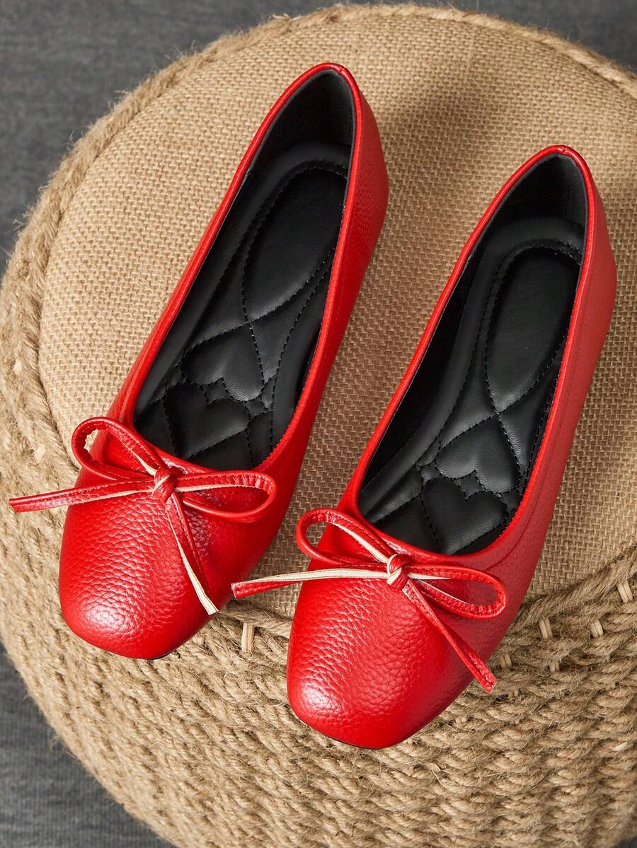 MonaNise Women's Fashion Square Toe Low Vamp Apricot Bow Flat Shoes, Black & White Outdoor Casual High-End Khaki Versatile Flats