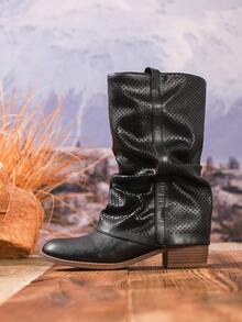 Botas Casuais Pretas Perfuradas de Cano Médio para Mulheres, Outono/Inverno, Salto Baixo Retrô Confortável para Uso Diário - Preto - Visão 4