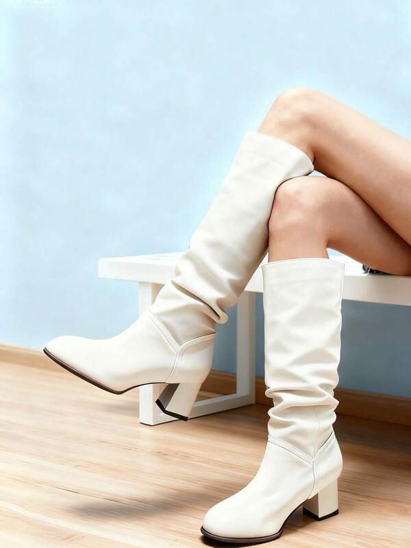 Fashionable Solid Color Pleated Casual Versatile Knee-High Boots