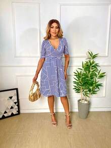 Women's Casual Elegant Printed Dress In Romantic Fabric - 寶藍色 - 查看 3