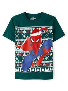 The Children's PLACE Boys Spider-Man™ Fairisle Christmas Graphic Tee - 公園長椅綠地 - 查看 1
